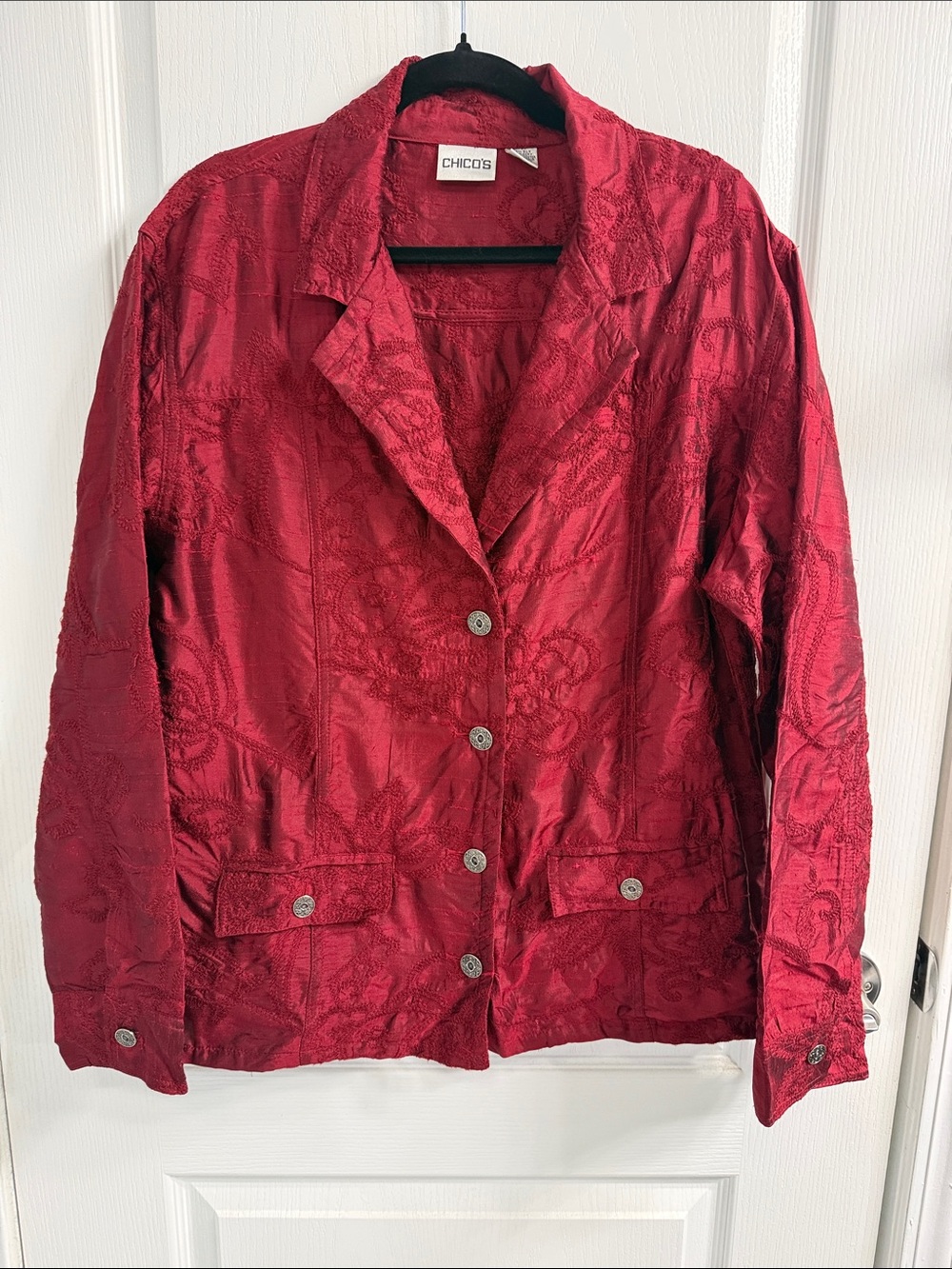 Vintage Chico Burgundy Textured Embroidered Silk Button Blazer SZ 2 Whimsigoth